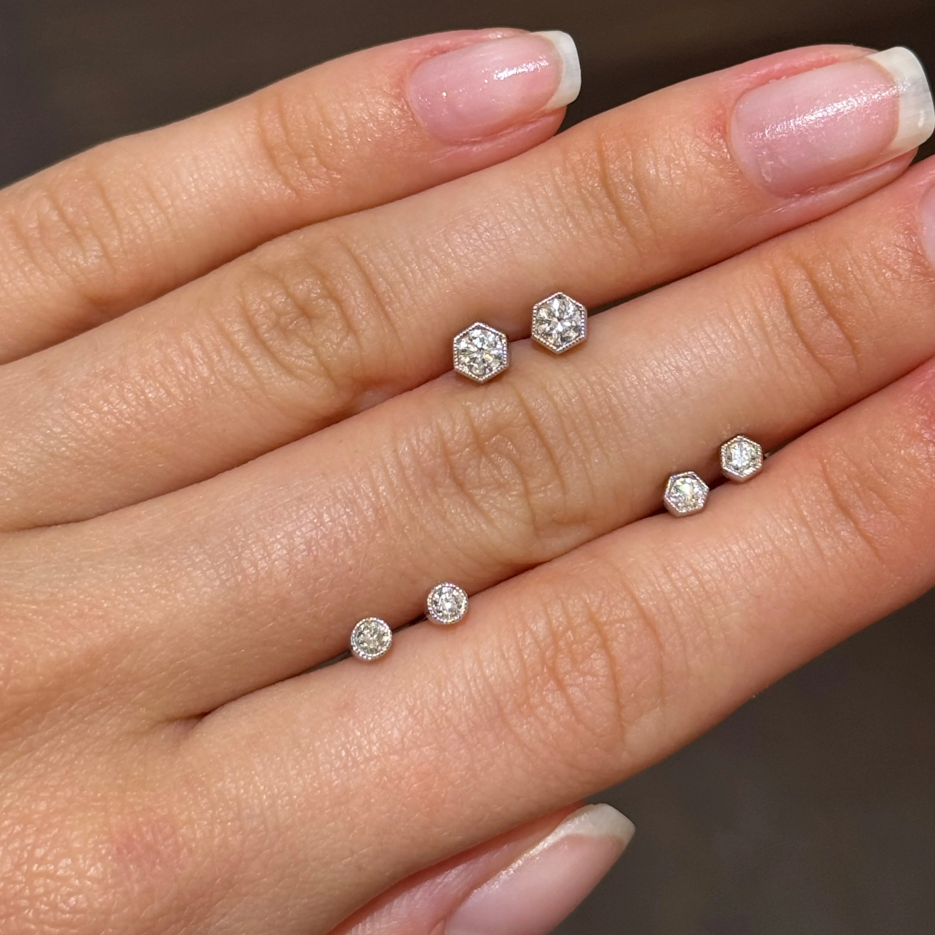 Hexagon Petite Bezel Set Diamond Stud Earrings - Image 3