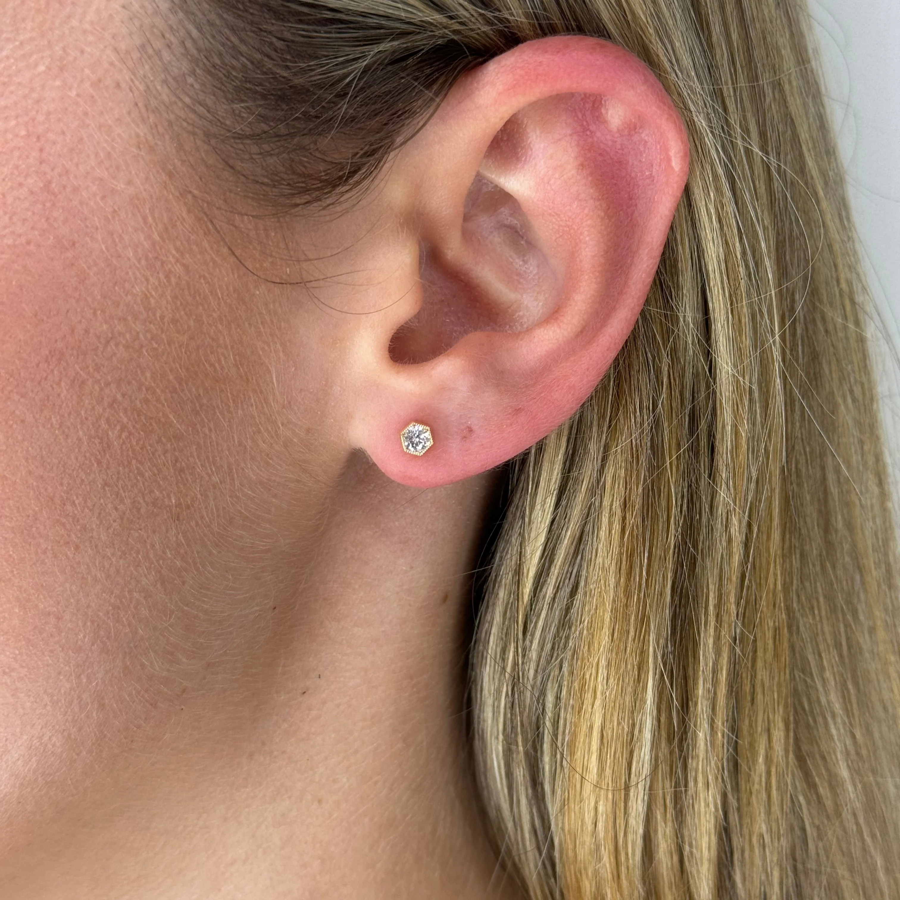 Hexagon Mid Bezel Set Diamond Stud Earrings - Image 2