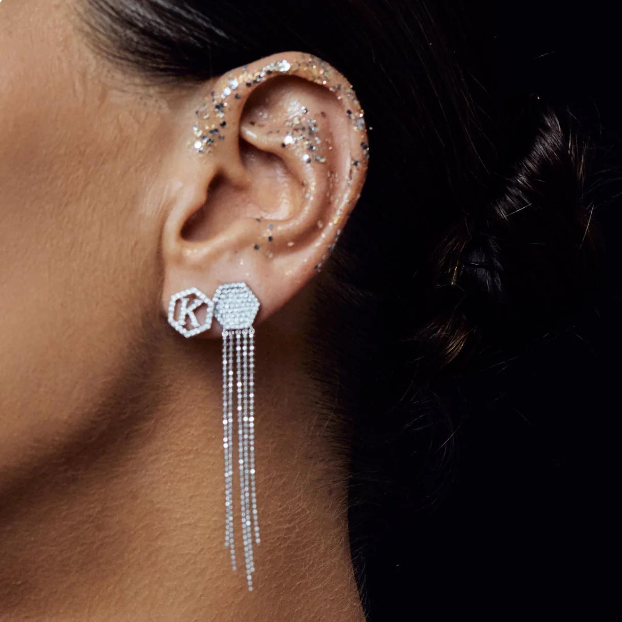 Pave Diamond Hexagon Tassel Drop Earrings - Image 3