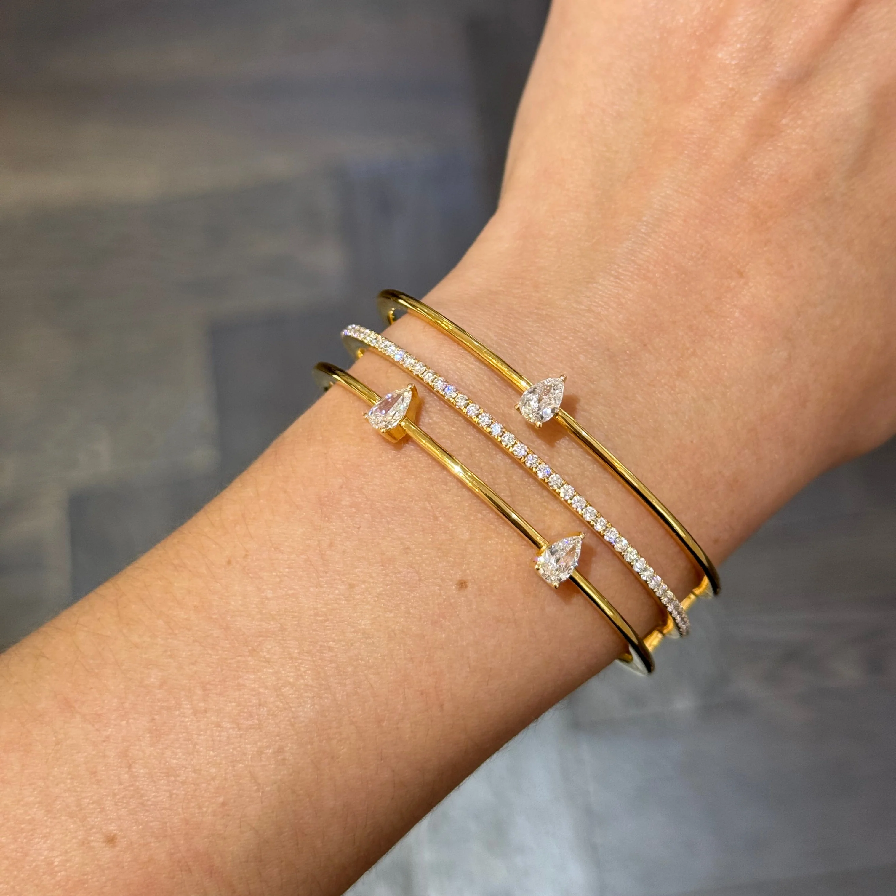 Three Row Pear Cut Diamond Open Cuff Bracelet - Image 2